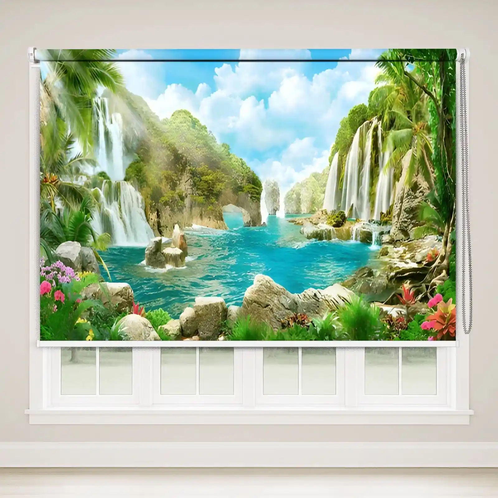 Vastu-inspired roller blind featuring tropical waterfalls, turquoise lagoon water, rocky islands, and lush greenery