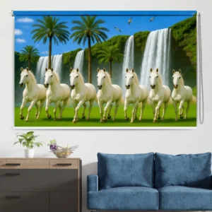 Vastu-Inspired White 7 Horses Waterfall Roller Blind with waterfalls, palm trees, and lush green landscape