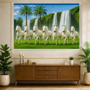 Vastu-Inspired White 7 Horses Waterfall Roller Blind for Window