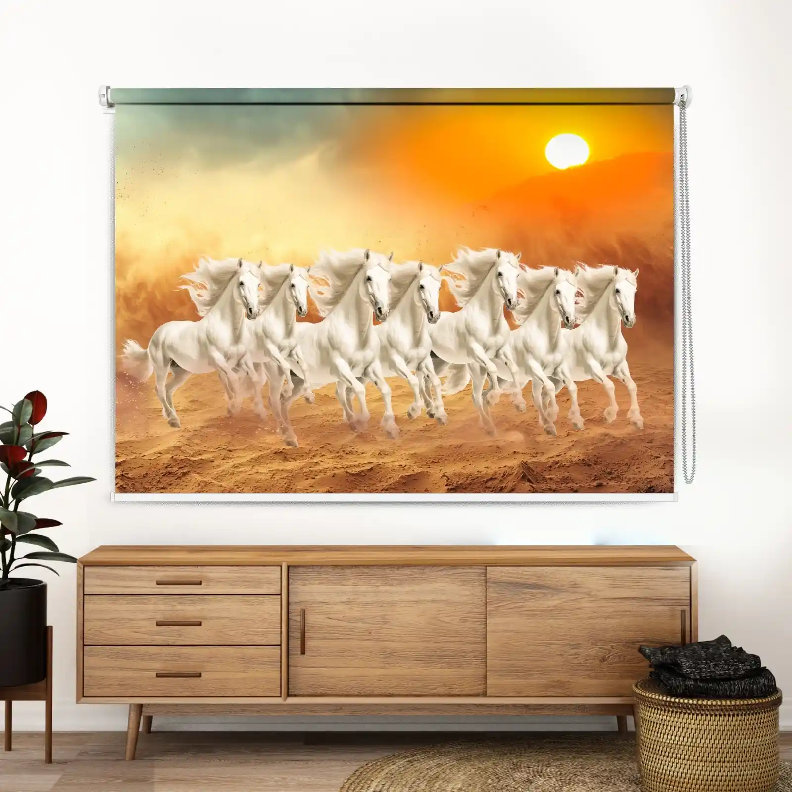 Vastu White Running Horses Roller Blind – Symbol of Success, Growth & Positive Energy