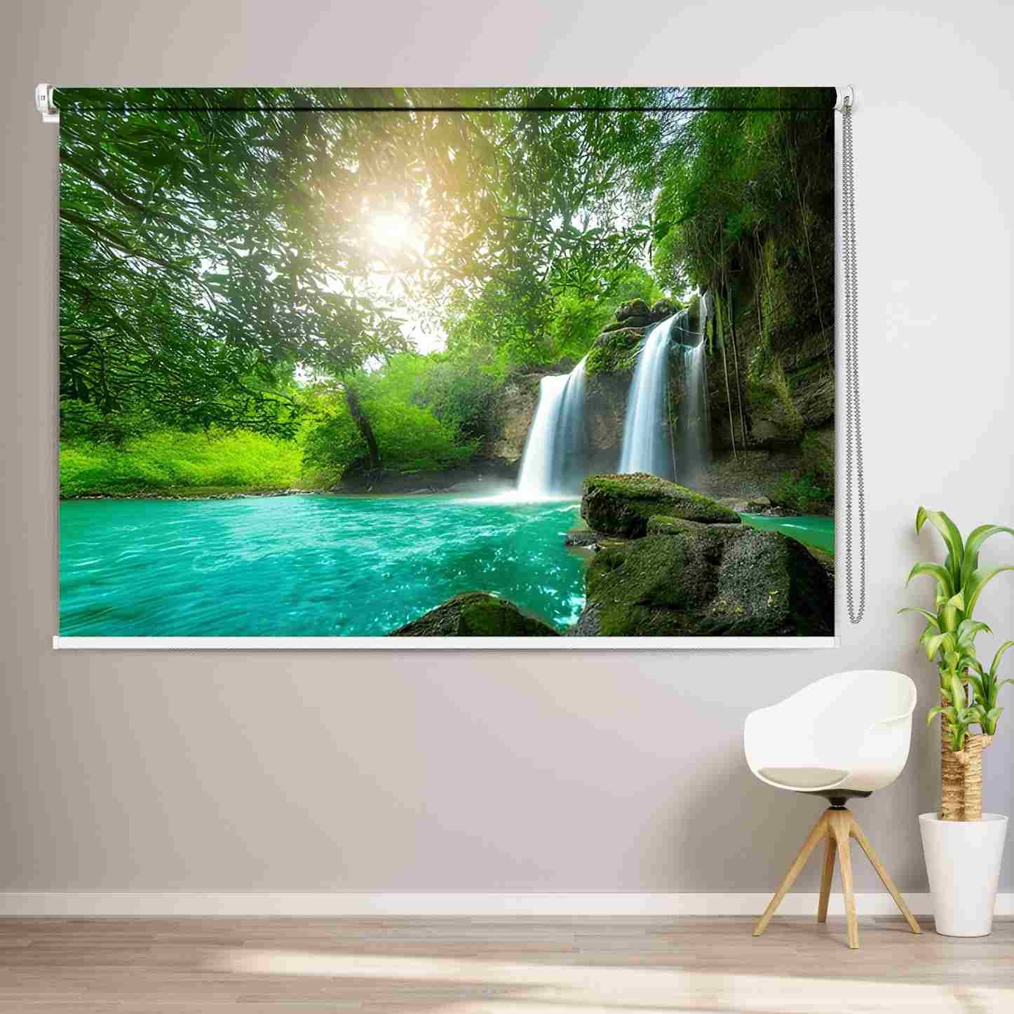 Vastu-inspired Nature Bliss Roller Blind with Serene Waterfall Landscape Design