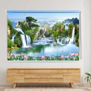 Vastu-inspired Nature Harmony Roller Blind with flowing water, green mountains, birds, and flowers for positive energy décor
