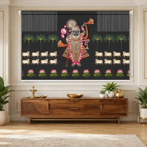 Vastu-inspired Shree Nathji and Sacred Cows Designer Roller Blind for Temple