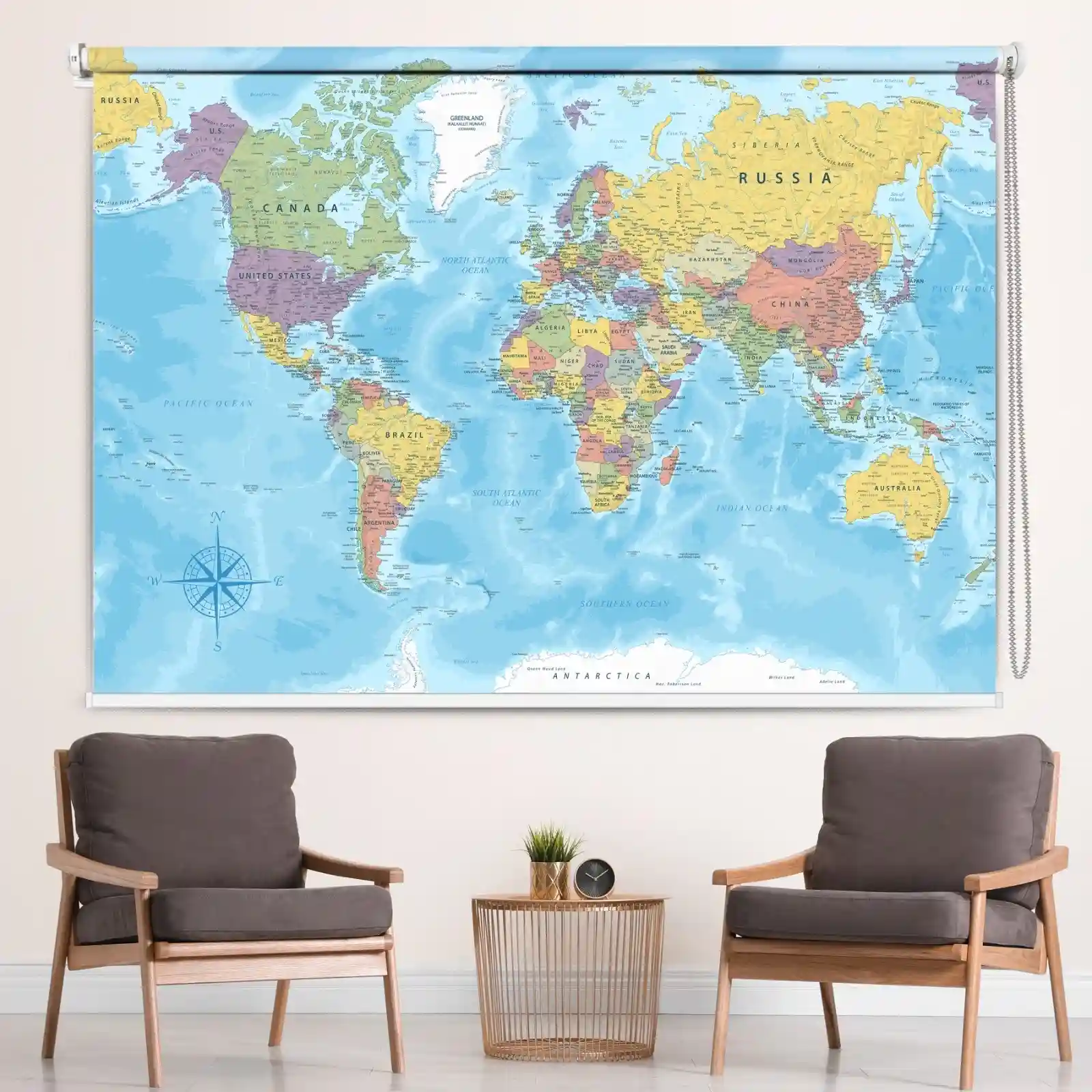 World Map Design Roller Blind for Study Room and Office