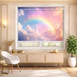 Decorative Rainbow Sky Kid's Roller Blind with Pastel Cloud Design