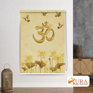 Divine Golden Om Lotus Spiritual Pooja Room Roller Blinds