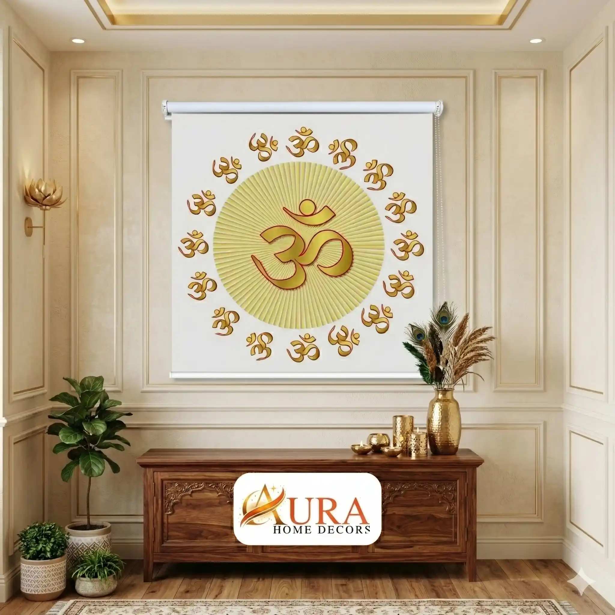 Divine Golden Om Mandala Spiritual Roller Blind for Pooja Room 1 Divine Golden Om Mandala Spiritual Roller Blind for Pooja Room