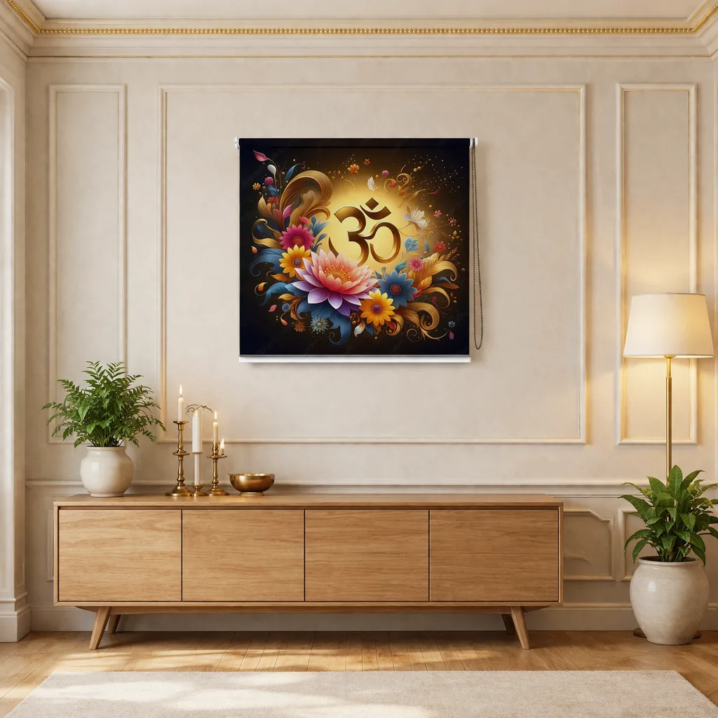 Divine Mandala and Om Floral Art Roller Blinds for Pooja Room
