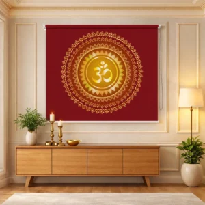Golden Om Mandala Red Spiritual Roller Blind for Mandir
