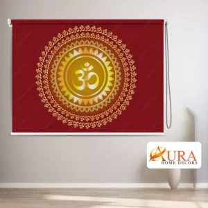 Golden Om Mandala Red Spiritual Roller Blind for Mandir