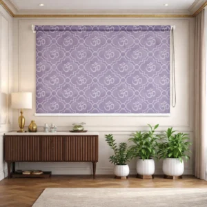 Modern Grey Om Pattern Spiritual Roller Blinds for Pooja Room