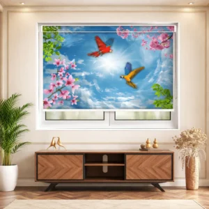 Skybound Harmony Tropical Parrots and Blossoms Roller Blind