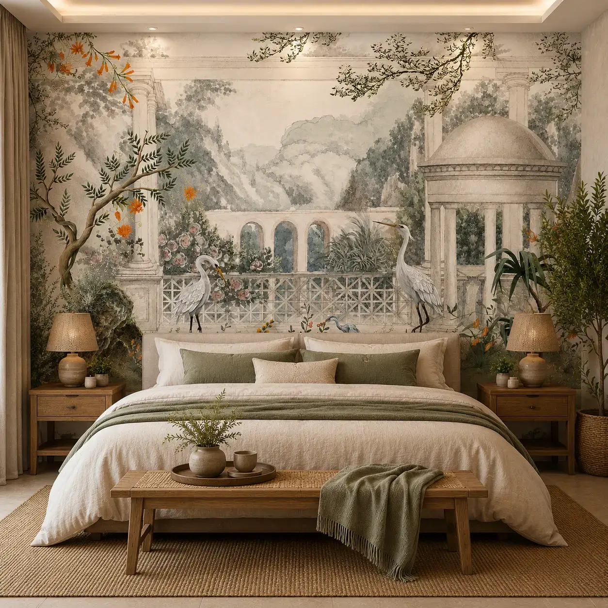 Elegant Garden Pavilion Wallpaper – Botanical Paradise Scene 1 Elegant garden pavilion wallpaper mural featuring classical architecture, herons, botanical flowers, scenic landscape, and luxury nature-inspired wall décor