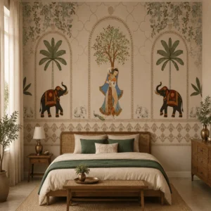 Luxury Indian heritage wallpaper mural with royal elephant artwork, palm trees, Mughal arches and traditional palace-inspired bedroom wall decor