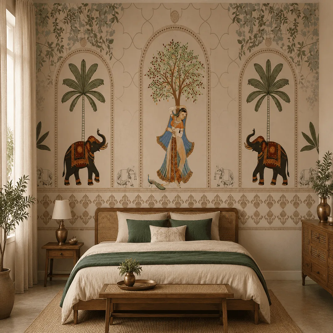 Royal Indian Heritage Wallpaper Mural with Elephant & Palm Tree 1 Luxury Indian heritage wallpaper mural with royal elephant artwork, palm trees, Mughal arches and traditional palace-inspired bedroom wall decor