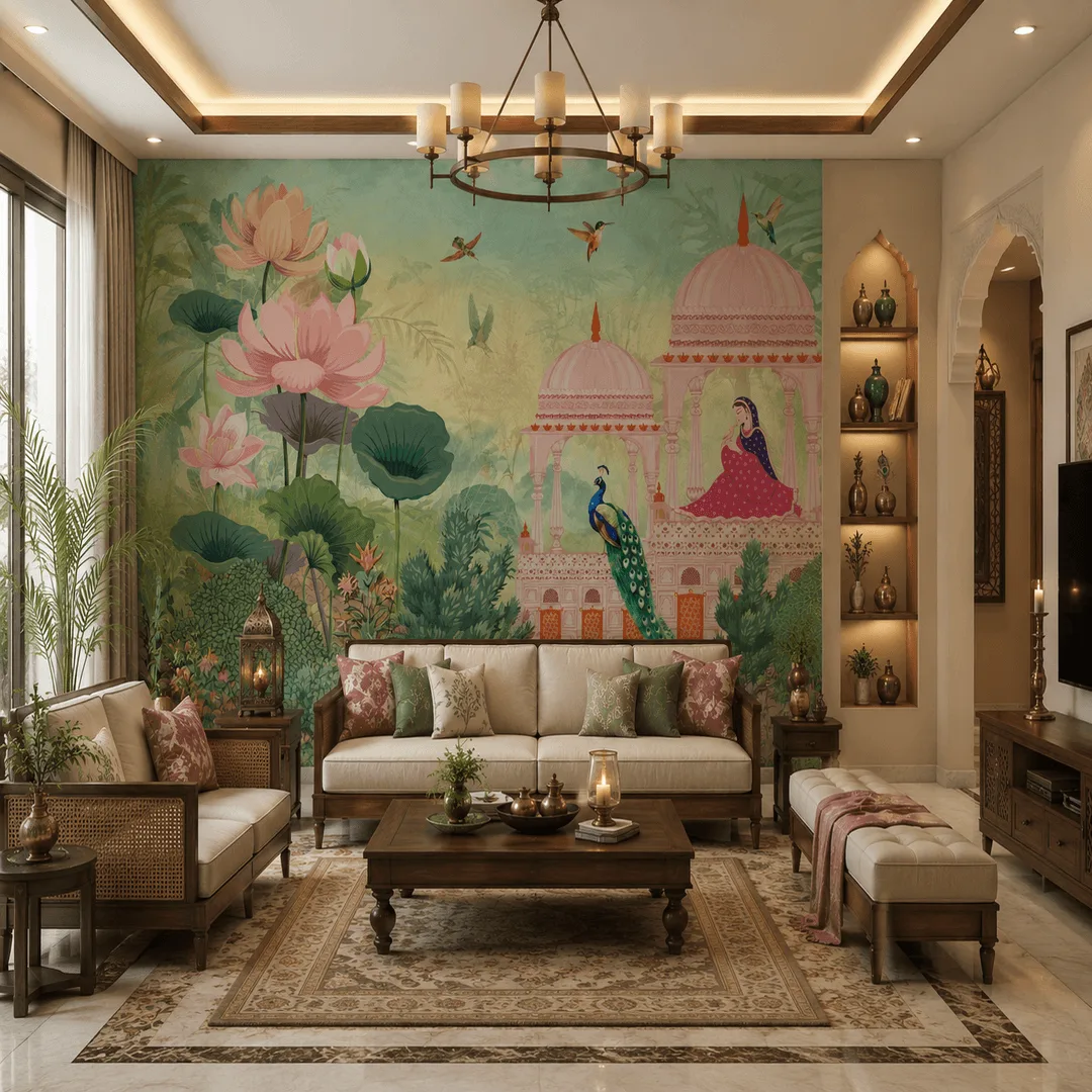 Royal Lotus Peacock Palace Wallpaper Mural 1 Luxury Indian palace wallpaper with lotus flowers, peacock artwork, botanical mural design, and royal ethnic living room decor