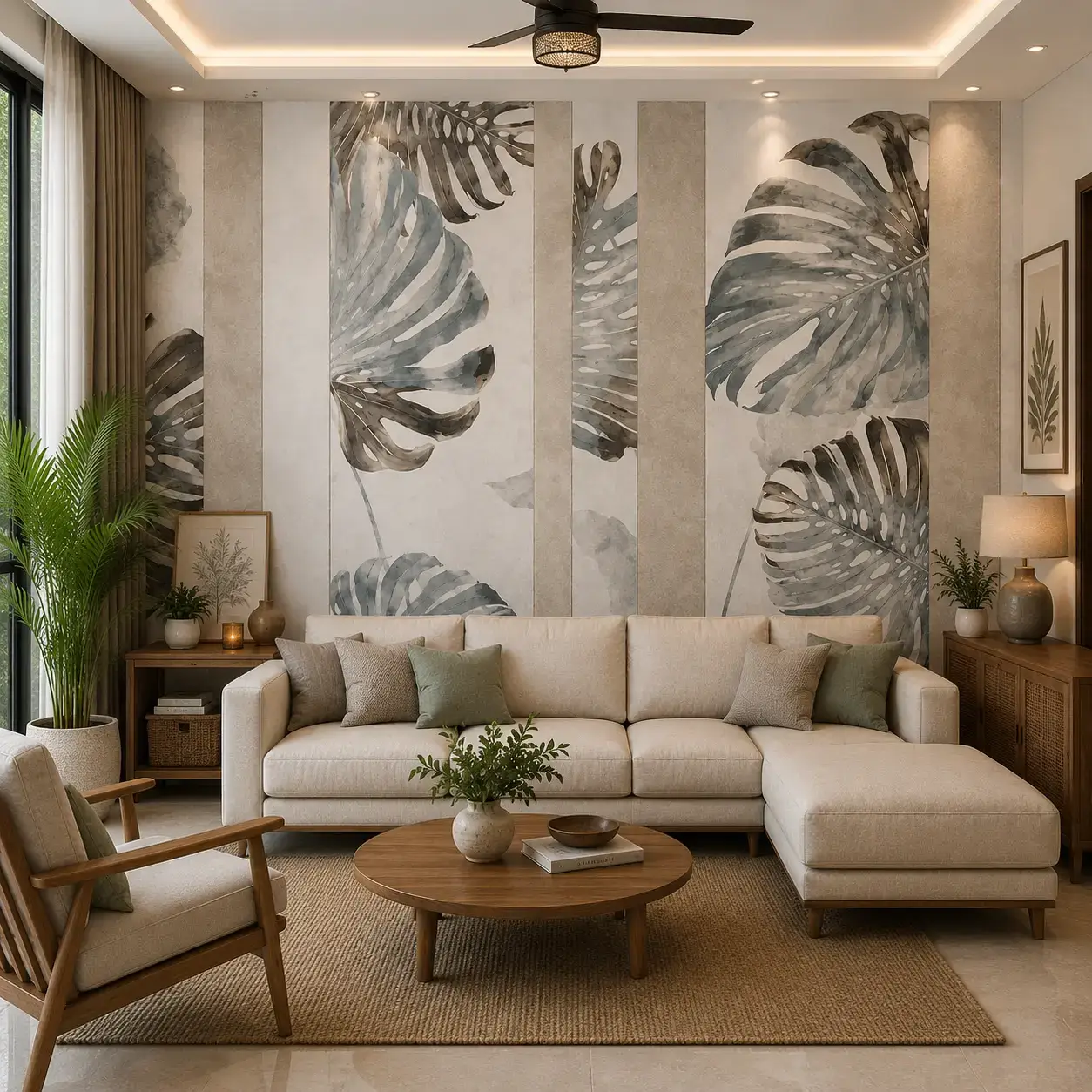 Modern monstera leaf wallpaper mural featuring watercolor tropical foliage, vertical panel design, and neutral botanical wall decor for contemporary interiors