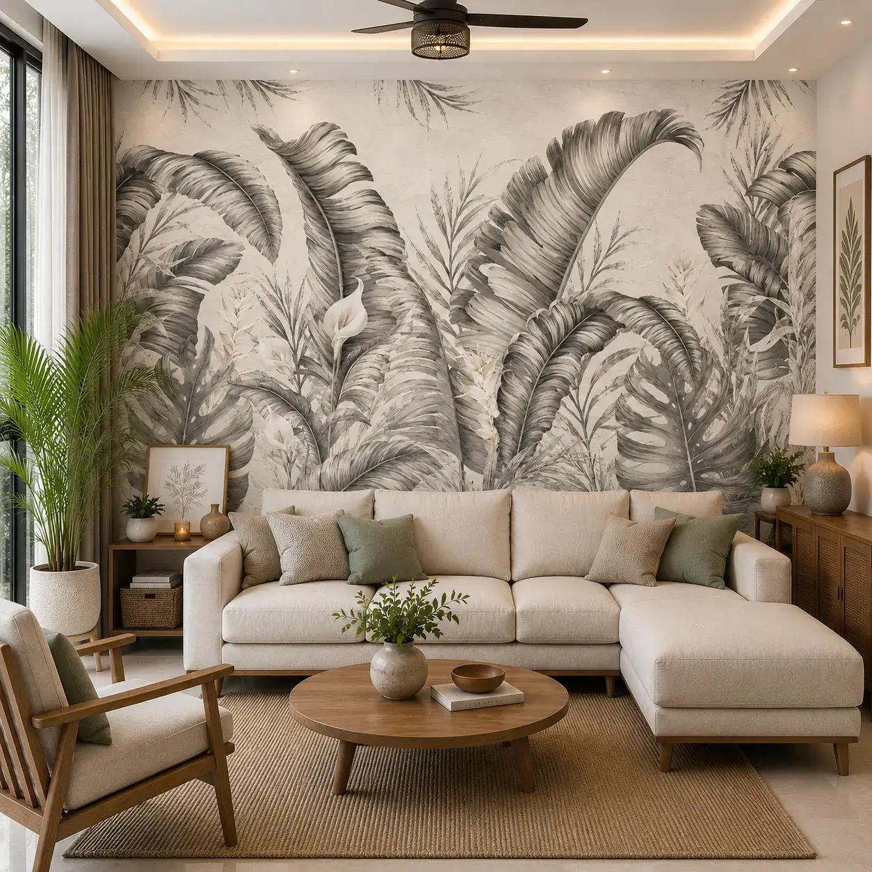Monochrome Tropical Banana Leaf Wallpaper Mural – Luxury Jungle Decor 1 Monochrome tropical banana leaf wallpaper mural featuring grayscale botanical foliage, monstera leaves, and luxury jungle wall decor