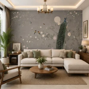 Moonlit peacock garden wallpaper mural featuring elegant floral branches, birds, and botanical wall art in soft grey tones
