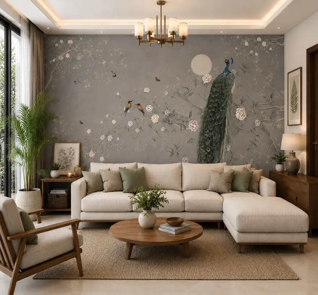 Moonlit Peacock Garden Wallpaper Mural – Luxury Floral Bird Decor 1 Moonlit peacock garden wallpaper mural featuring elegant floral branches, birds, and botanical wall art in soft grey tones