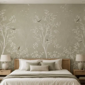 Neutral Botanical Forest Wallpaper – Minimalist Nature Wall Mural for Bedroom