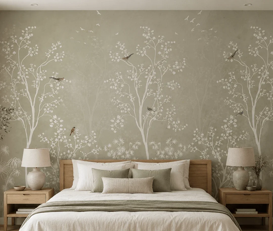 Neutral Botanical Forest Wallpaper 1 Neutral Botanical Forest Wallpaper – Minimalist Nature Wall Mural for Bedroom