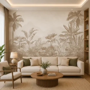 Neutral Tropical Jungle Wallpaper Mural – Beige Botanical Palm Forest Wall Decor