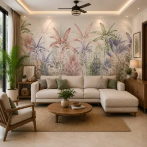 Pastel Tropical Botanical Wallpaper – Soft Palm Leaves