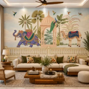 Royal Indian Heritage Wallpaper Mural with Elephant, Camel & Peacock Palace Scene