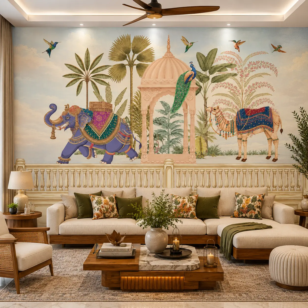 Royal Indian Heritage Wallpaper Mural with Elephant, Camel & Peacock Palace Scene 1 Royal Indian Heritage Wallpaper Mural with Elephant, Camel & Peacock Palace Scene