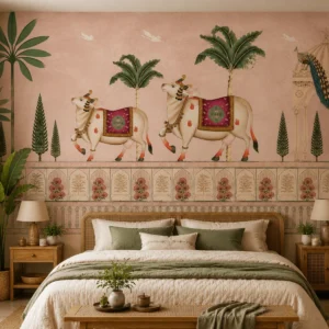 Royal Pink Indian Heritage Wallpaper with Traditional Cow & Palace Design