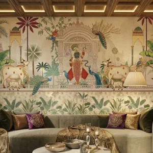 Royal Shrinath ji heritage pichwai wallpaper mural featuring sacred cows, peacocks, tropical foliage, and palace architecture in a luxury Indian-inspired living room
