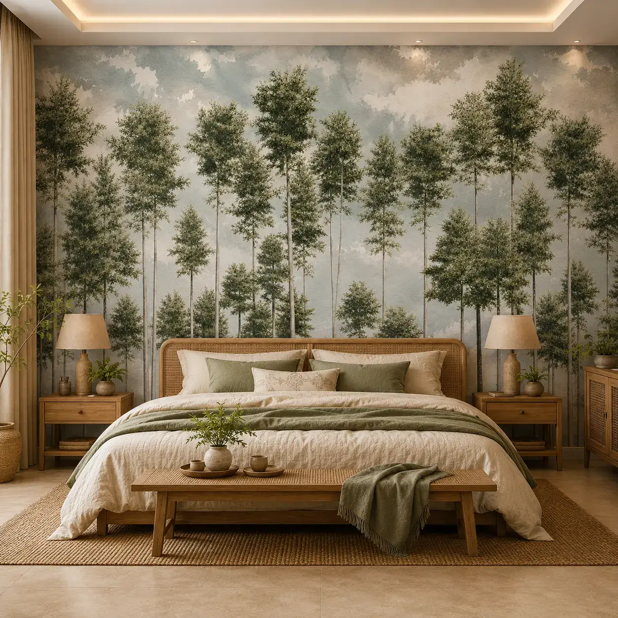 Serene Forest Canopy Wallpaper – Misty Woodland Landscape 1 Serene forest wallpaper mural featuring tall woodland trees, misty landscape, nature-inspired wall décor, and calming botanical design