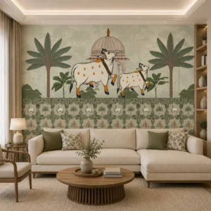 Traditional Indian Cow & Palm Tree Pichwai Wallpaper