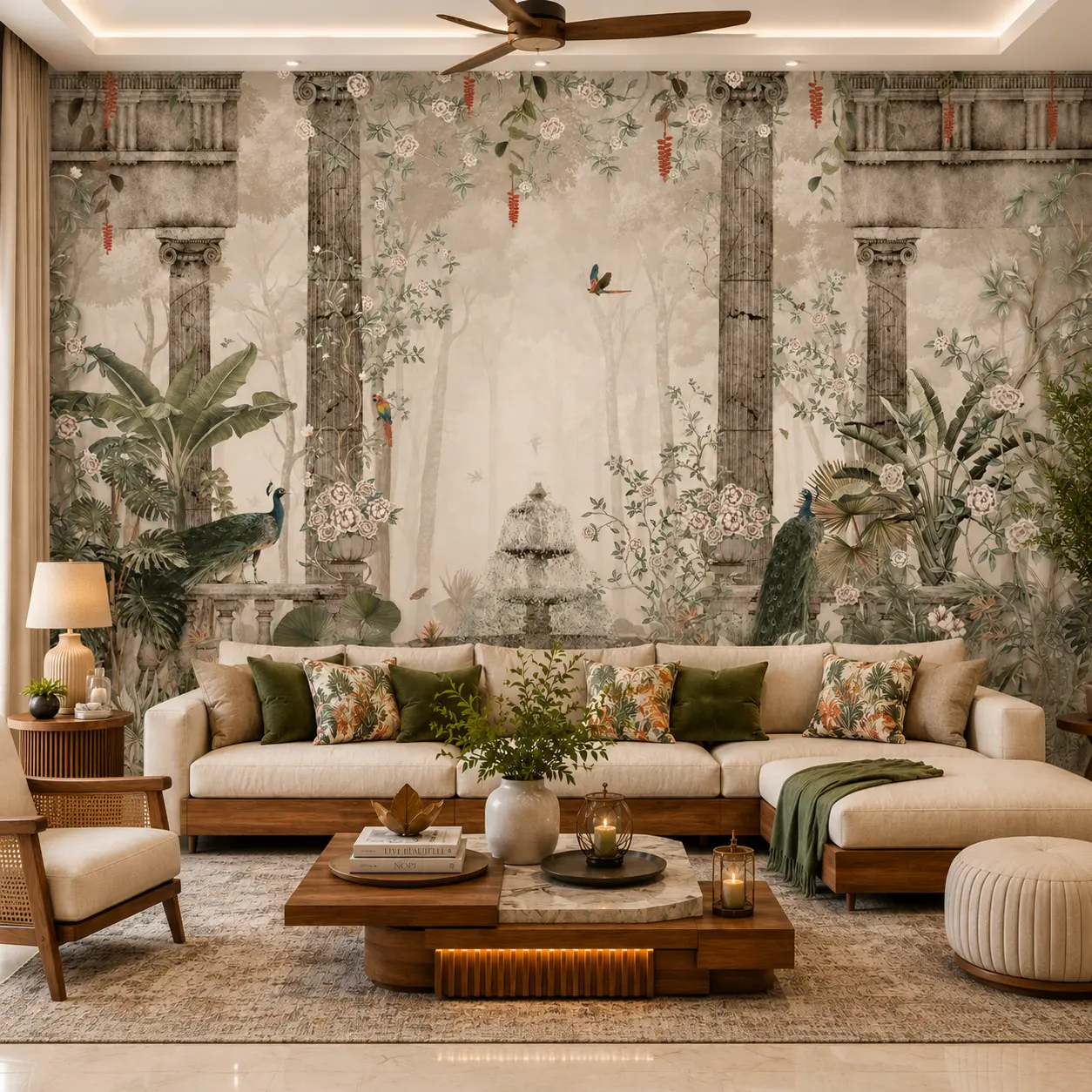Vintage Botanical Garden Wallpaper with Classical Columns & Peacocks 1 Vintage Botanical Garden Wallpaper Mural with Classical Columns & Peacocks