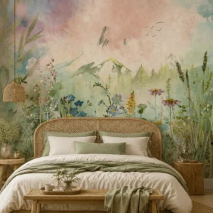 Watercolor Meadow Landscape Wallpaper – Dreamy Botanical Bedroom Wall Mural