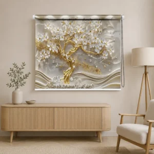 3D White Floral, Luxury Golden Blossom Tree Roller Blind