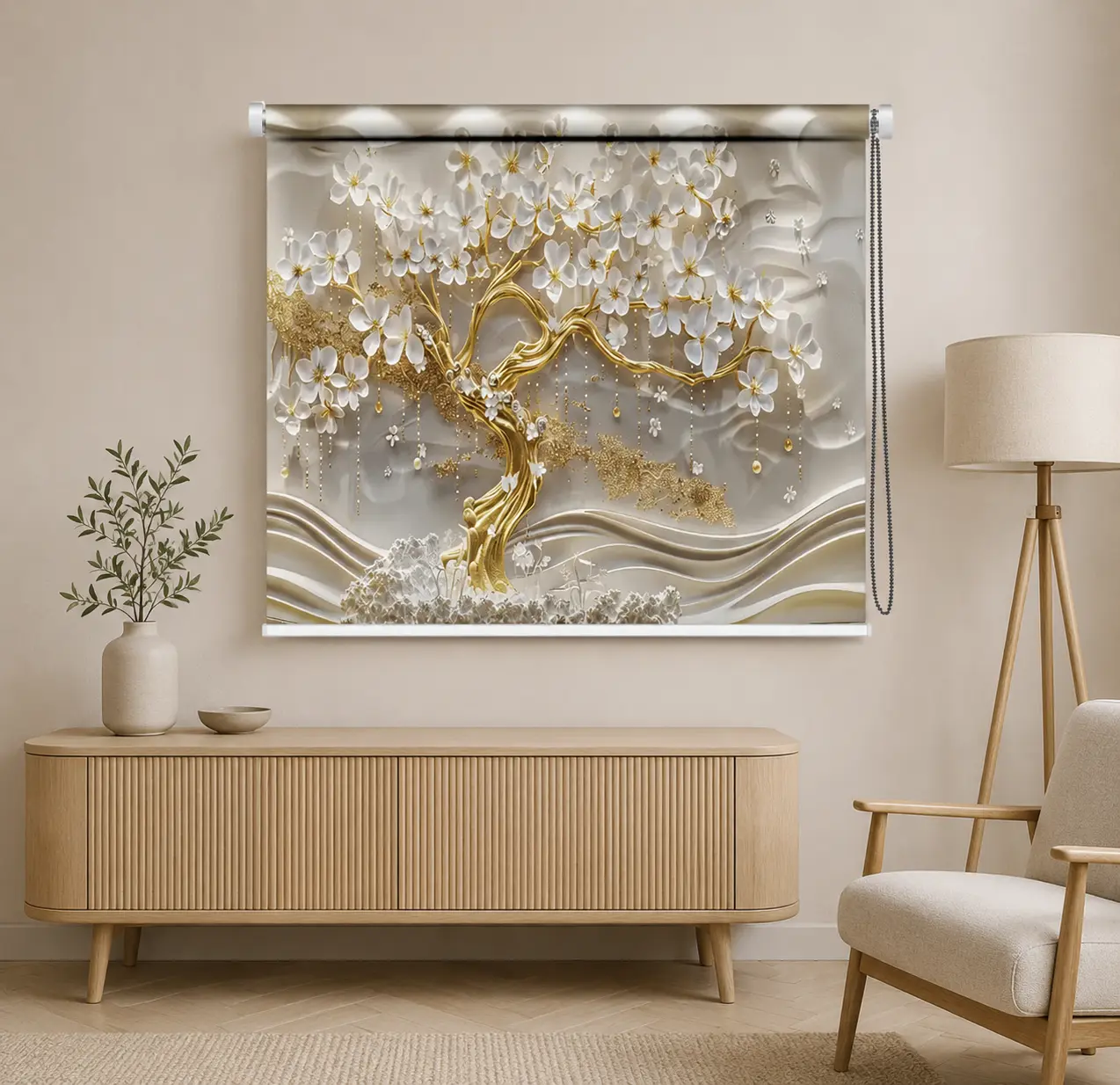 3D White Floral, Luxury Golden Blossom Tree Roller Blind 1 3D White Floral, Luxury Golden Blossom Tree Roller Blind