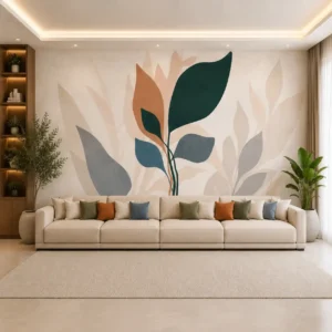 Abstract botanical leaf wallpaper mural featuring oversized modern leaves in green, terracotta, blue, and neutral tones for contemporary interior design