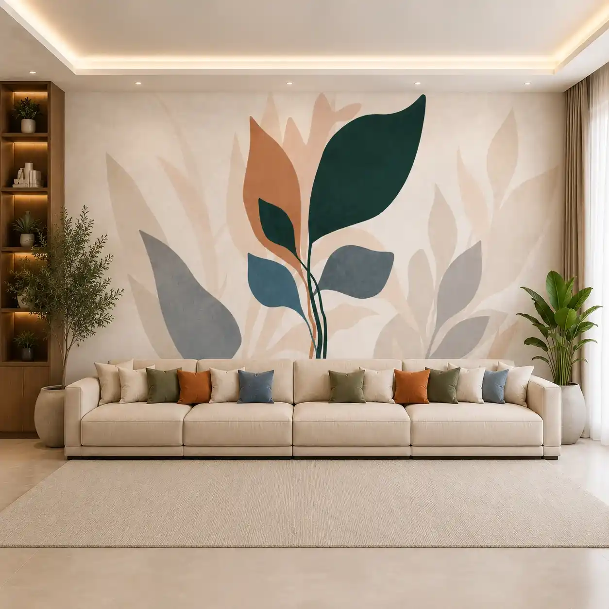 Abstract Botanical Leaf Wallpaper – Scandinavian Nature Decor 1 Abstract botanical leaf wallpaper mural featuring oversized modern leaves in green, terracotta, blue, and neutral tones for contemporary interior design