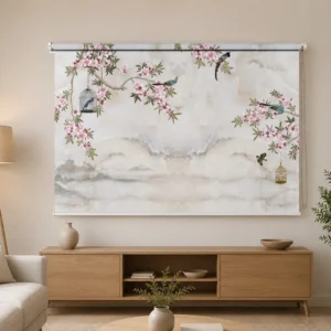 Asian Floral, Cherry Blossom & Songbird Roller Blind