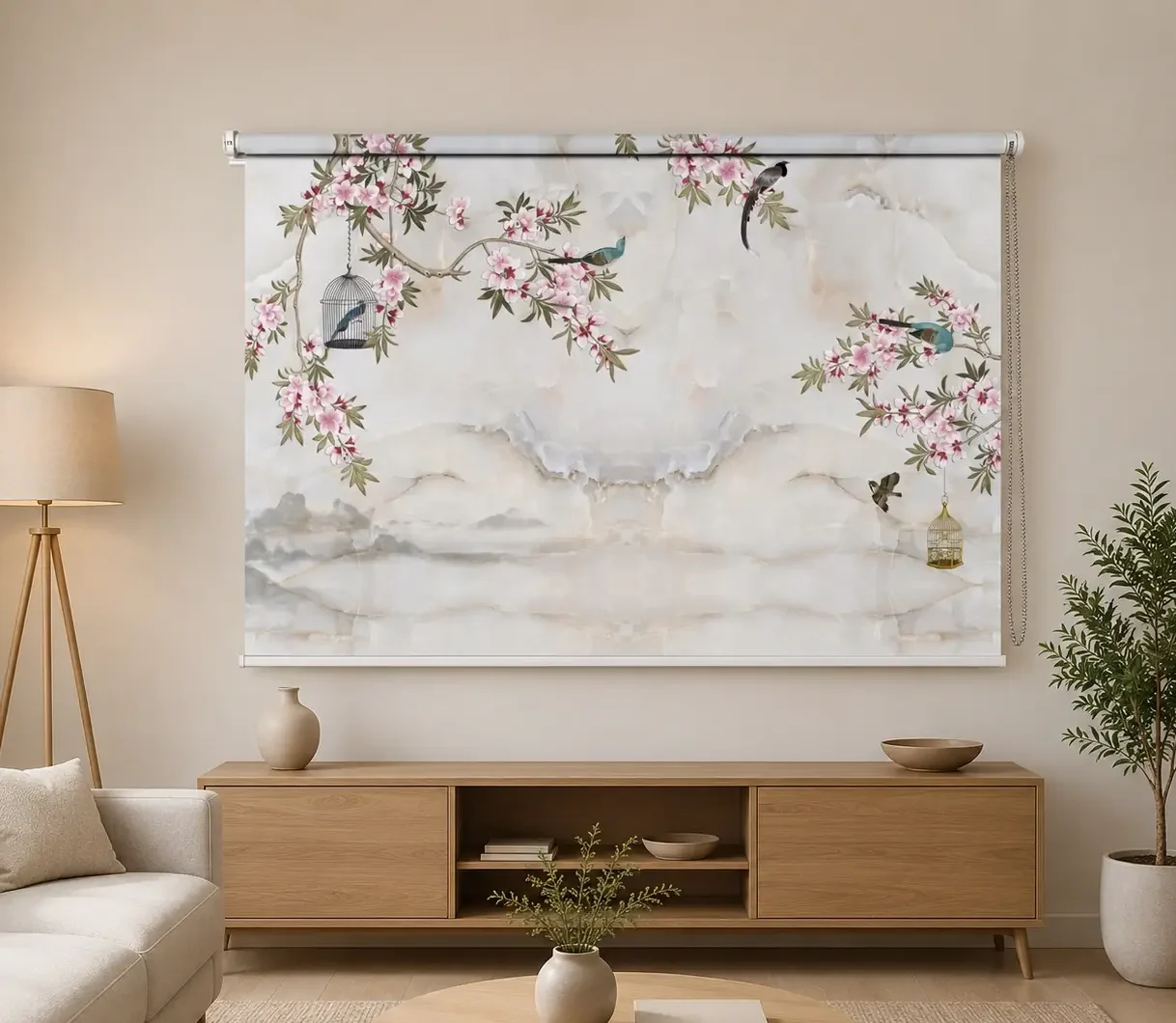 Asian Floral, Cherry Blossom & Songbird Roller Blind 1 Asian Floral, Cherry Blossom & Songbird Roller Blind