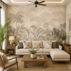 Neutral Tropical Palm Forest Wallpaper – Minimalist Botanical Jungle Wall Mural in Beige & Taupe