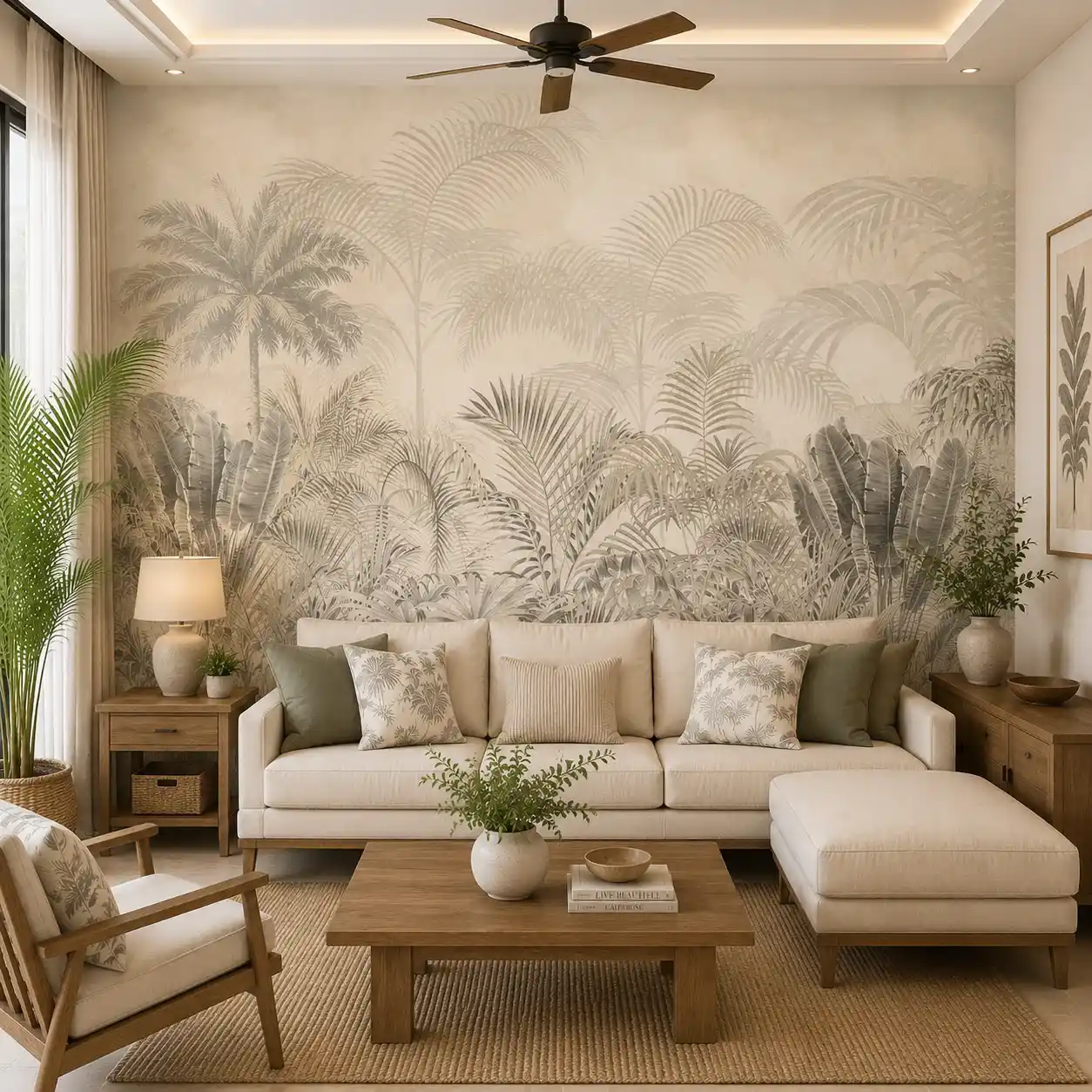 Beige Botanical, Neutral Tropical Palm Forest Wallpaper 1 Neutral Tropical Palm Forest Wallpaper – Minimalist Botanical Jungle Wall Mural in Beige & Taupe