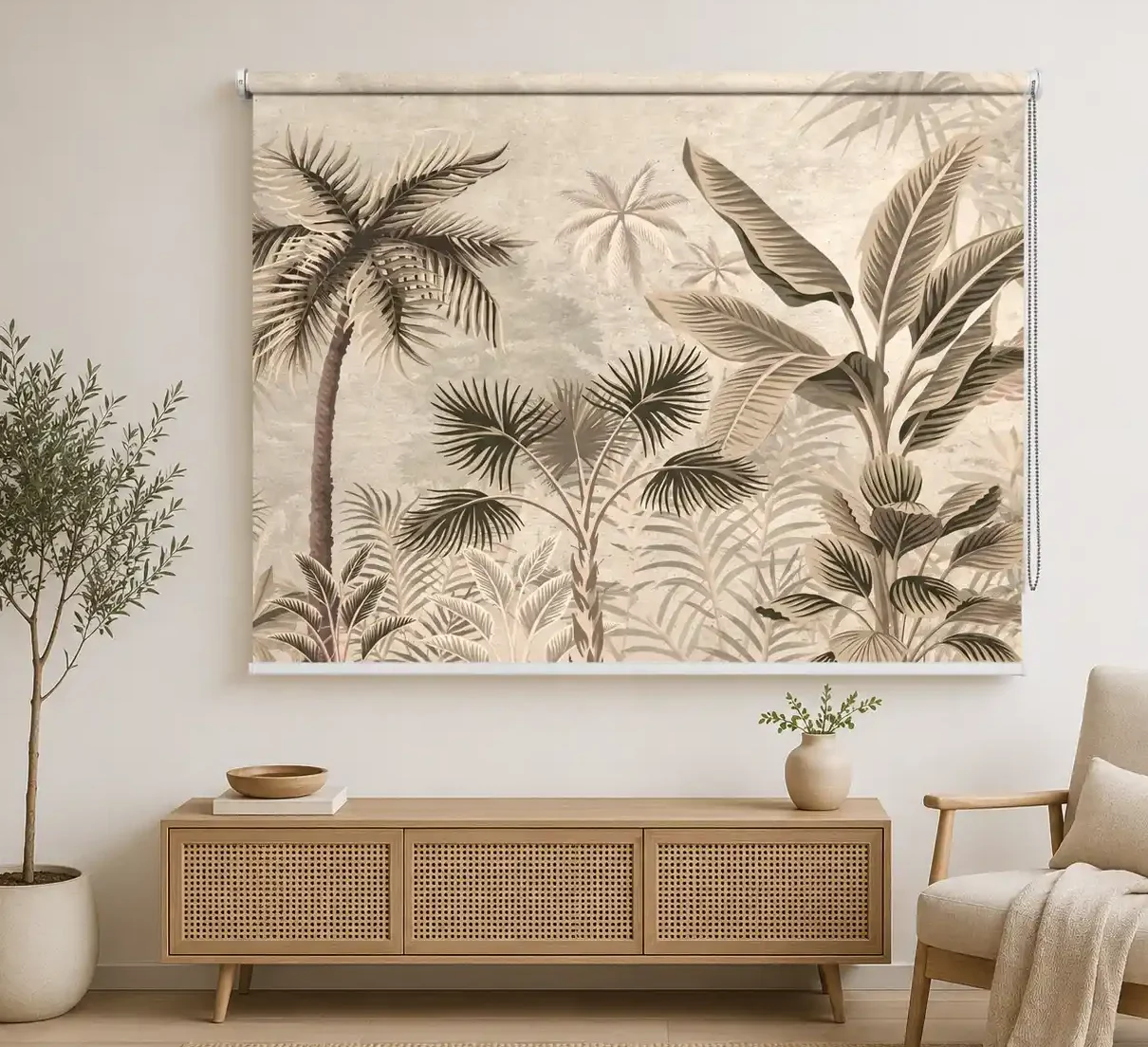 Beige Botanical, Neutral Tropical Palm Leaf Roller Blind 1 Beige Botanical, Neutral Tropical Palm Leaf Roller Blind