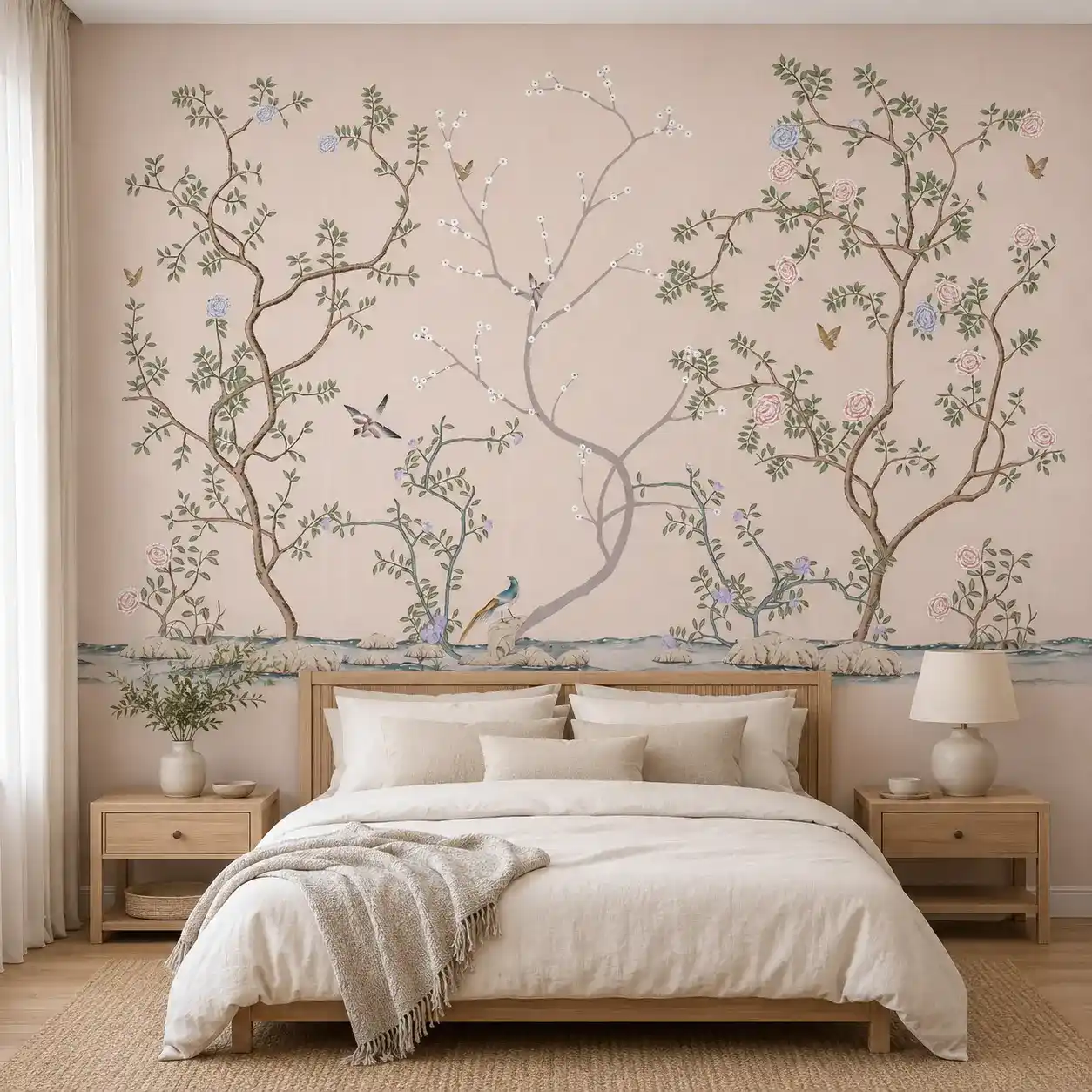 Blush Botanical Garden, Chinoiserie Wallpaper 1 Blush pink botanical wallpaper mural featuring flowering trees, delicate roses, birds, and elegant garden-inspired artwork in a modern bedroom