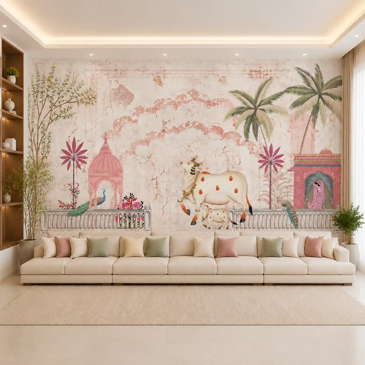 Blush Pink Heritage Cow Pichwai Wallpaper 1 Blush pink Indian heritage wallpaper mural featuring sacred cow, peacock, palace architecture, palm trees, and vintage fresco-inspired wall art