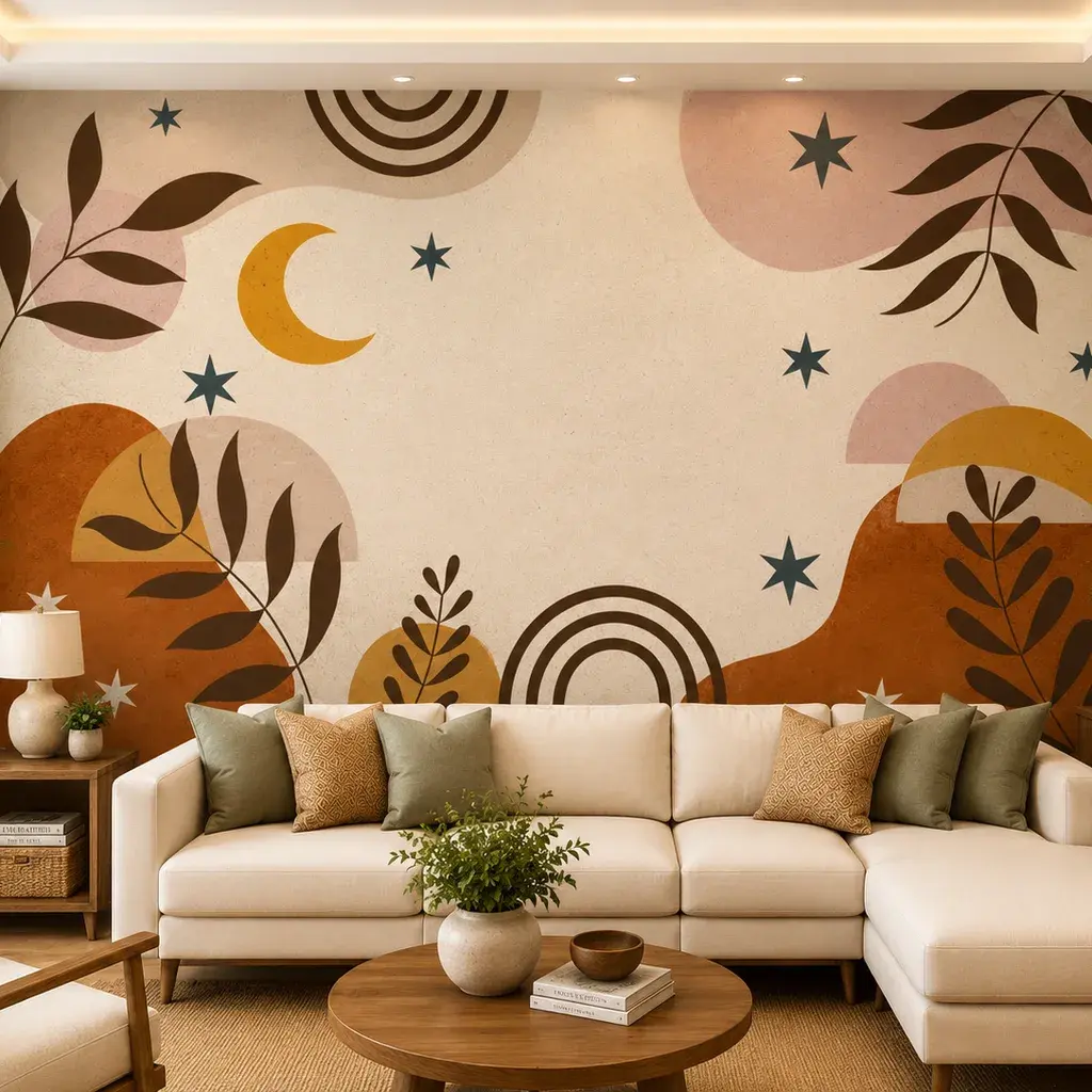 Boho Celestial Abstract Wallpaper 1 Boho Celestial Abstract Wallpaper Mural – Modern Rainbow Moon & Botanical Wall Art