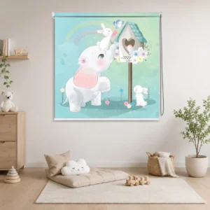Cute Elephant & Bunny Kids Room Roller Blind with Birdhouse & Rainbow Design