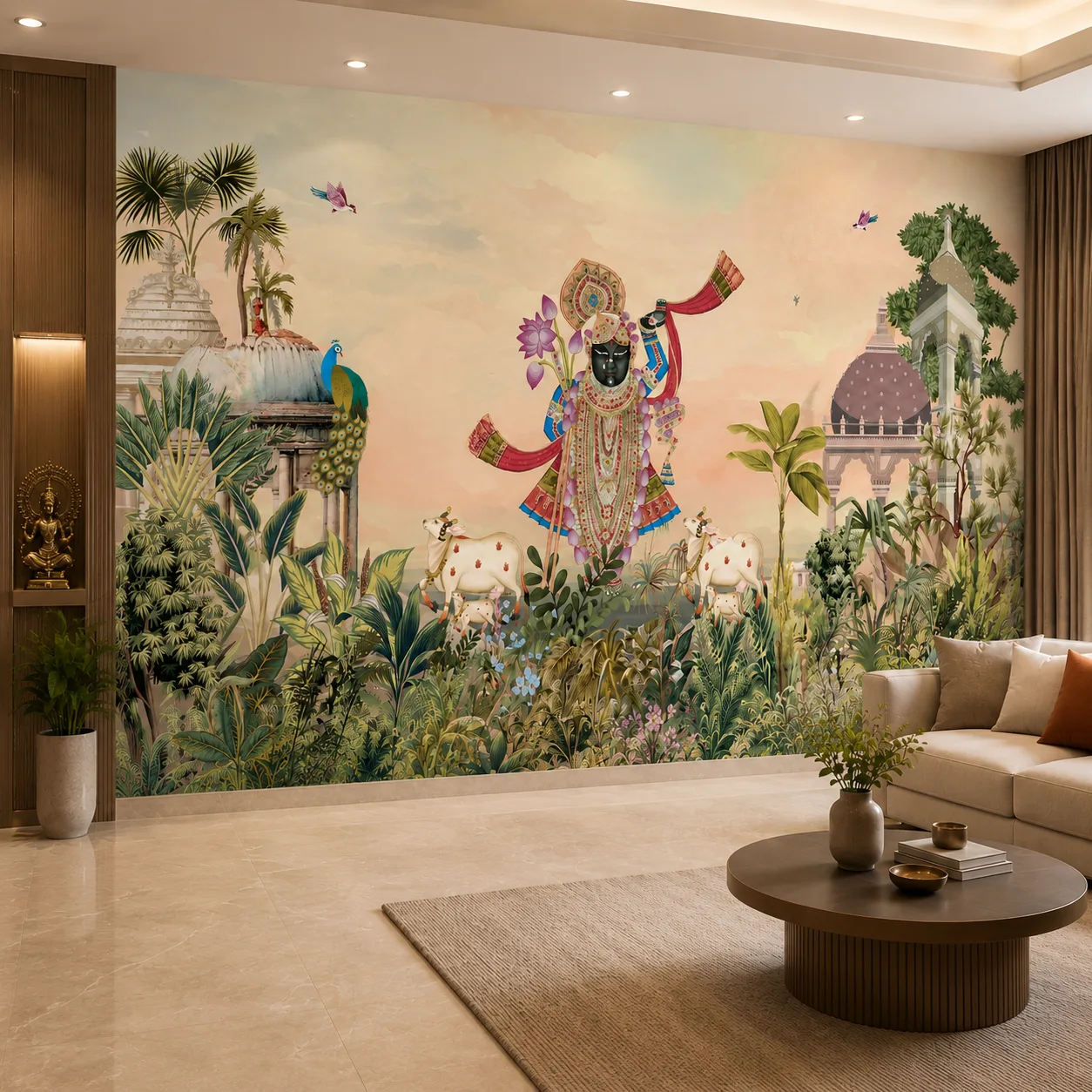 Pichwai Divine Krishna Garden Wallpaper for Wall 1 Divine Krishna garden wallpaper mural featuring Lord Krishna, sacred cows, peacocks, tropical plants, temple architecture, and Indian heritage wall art